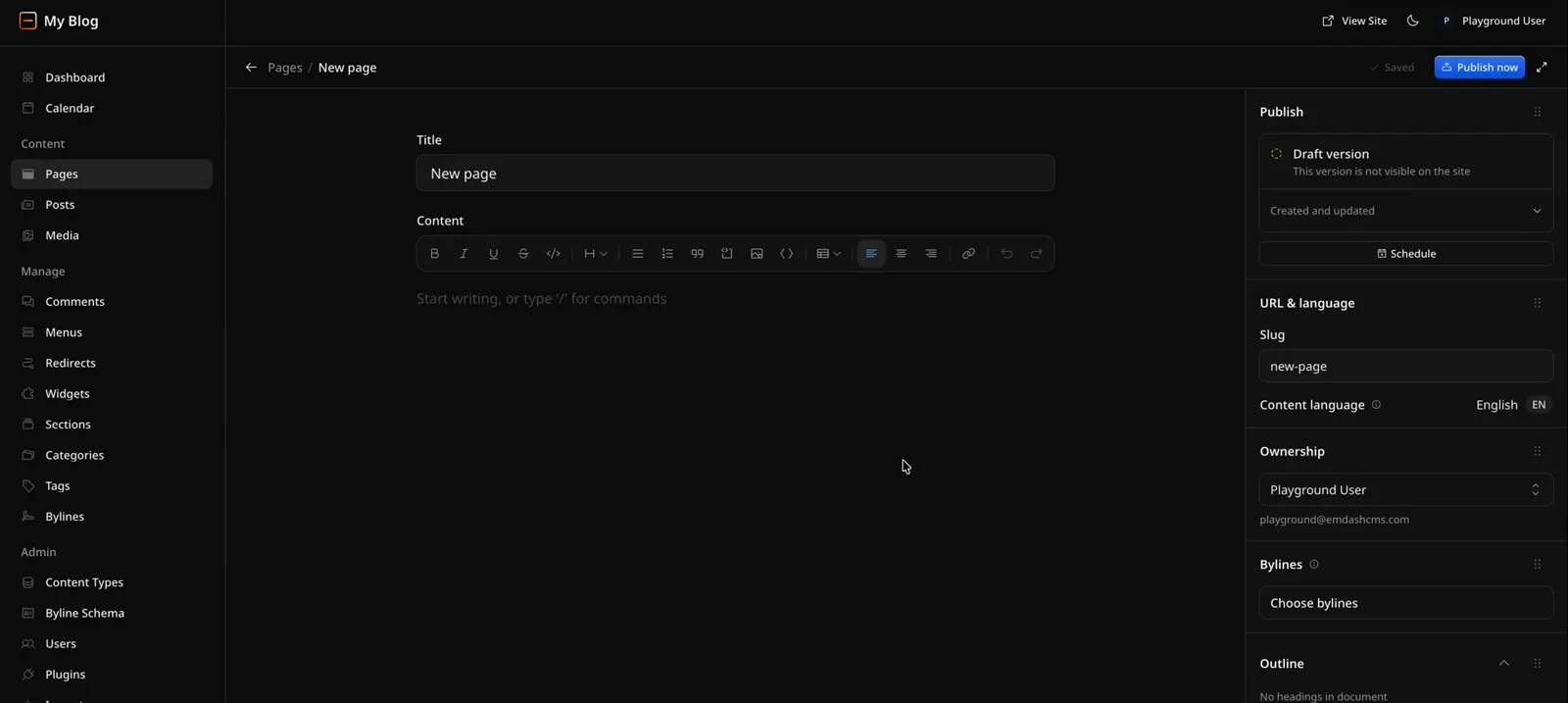 EmDash: een nieuwe pagina als concept, met inplannen en revisies in de zijbalk.