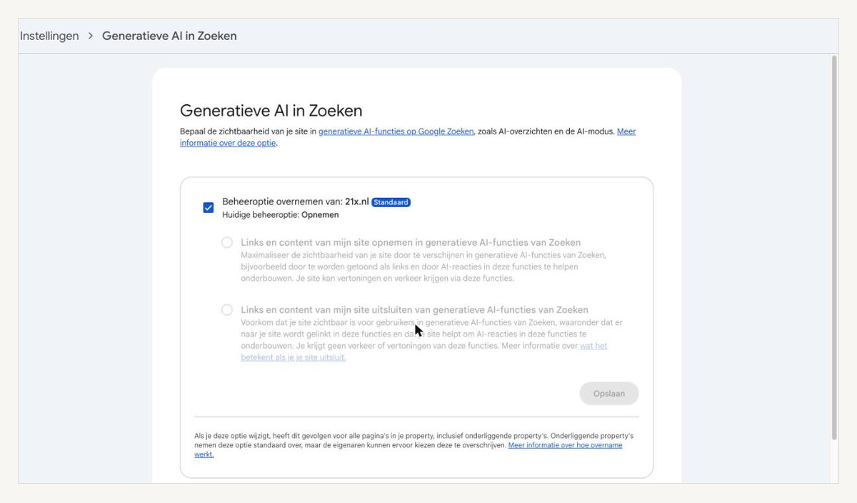 De instelling Generatieve AI in Zoeken in Google Search Console met drie opties en de overervingsmelding
